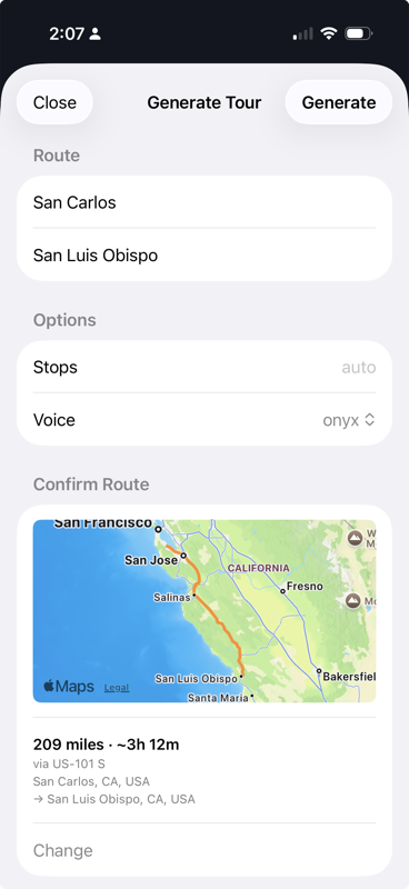 Tour generation screen